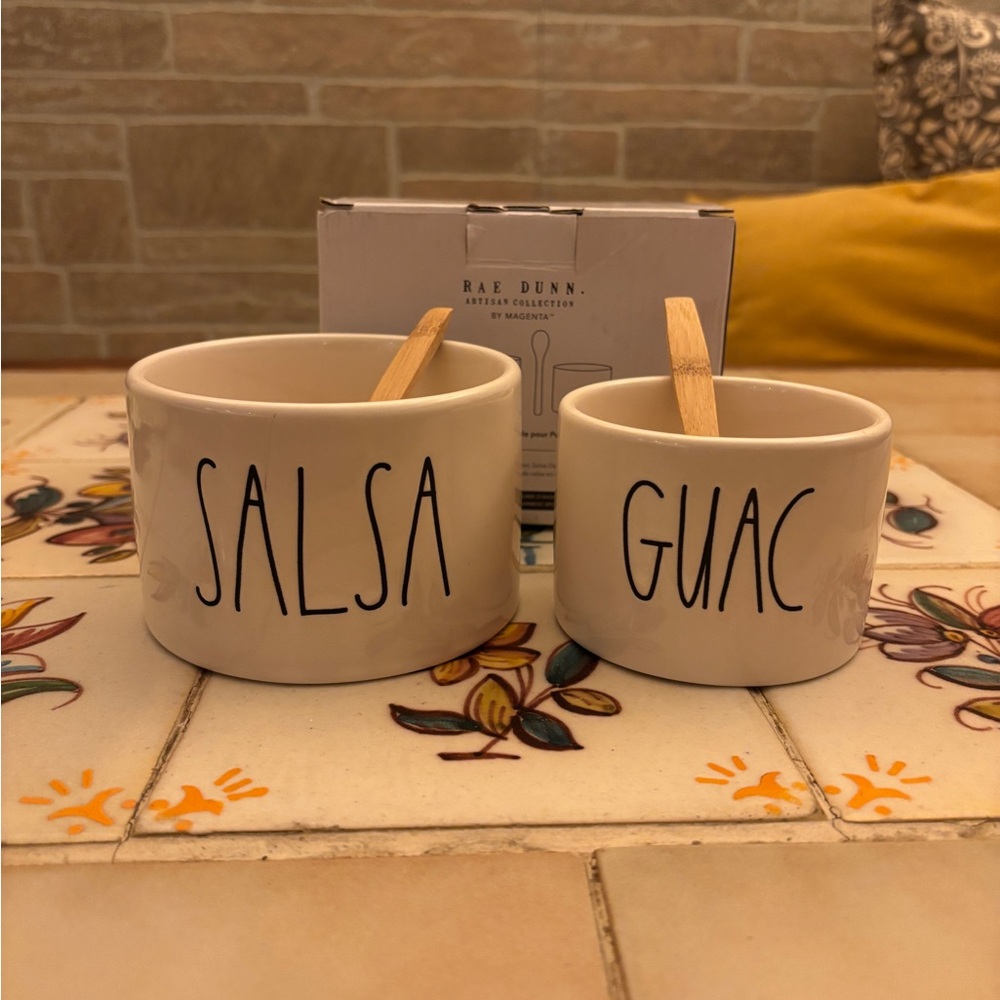 Rae Dunn by Magenta Ceramic Guac And Salsa Bowl Set With Bamboo Spoons - New